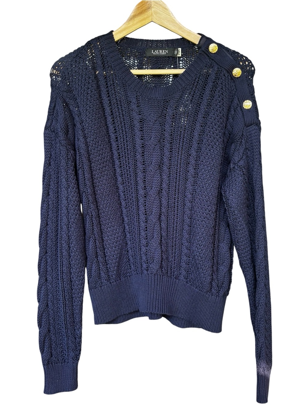 Lauren Ralph Lauren Navy Cable-Knit Crewneck Sweater with Gold Buttons